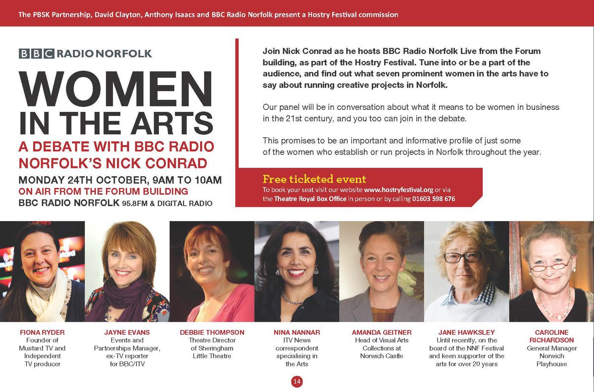 Hostryfestival's tweet photo. FREE live radio event #norfolkhour @TheForumNorwich "women in the arts" debate 24 Oct 0900. Tickets 01603 598676 https://t.co/sB9BctxbfD