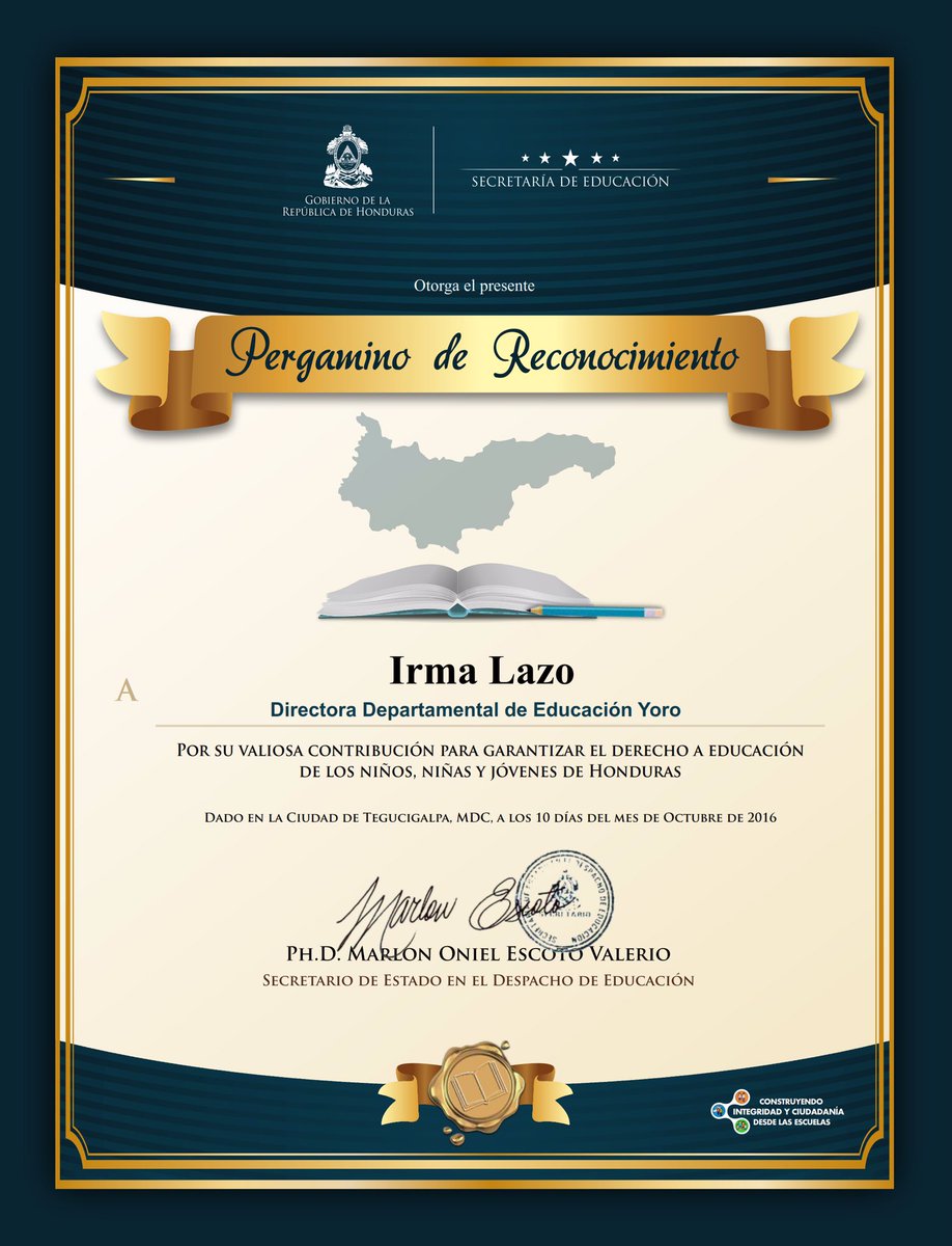 Pergamino de Reconocimiento para Directores Departamentales de Educación;  Floris Moisés Cárdenas Irma Lazo Diana Karolina Mejía, image size:918x1200