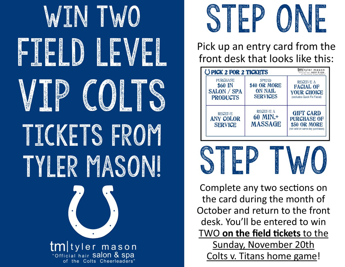 TylerMasonSalon's tweet photo. Treat yourself AND win #Colts tickets?! Okay. #tylermason #salon #spa #Indianapolis #Colts #tickets #win #giveaway https://t.co/CIOvtE9v0a