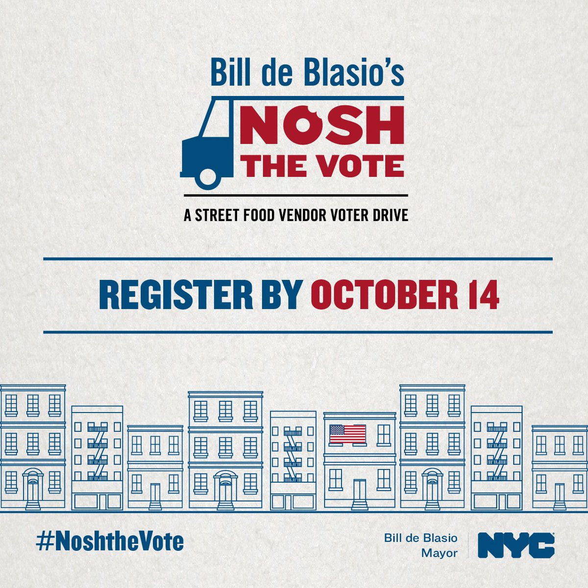 NYCMayorsOffice's tweet photo. Tomorrow we're bringing voter registration to a corner near you! Registered? Moved addresses? Come grab lunch and #NoshTheVote! https://t.co/nz0LHFe73D