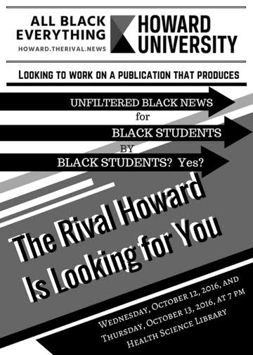 TheRivalHoward's tweet photo. Calling all writers, editors, and strategists! The Rival Howard is looking for you! Join us at Health Sciences library Oct. 12 and 13 at 7pm https://t.co/AsDHmCBwZl