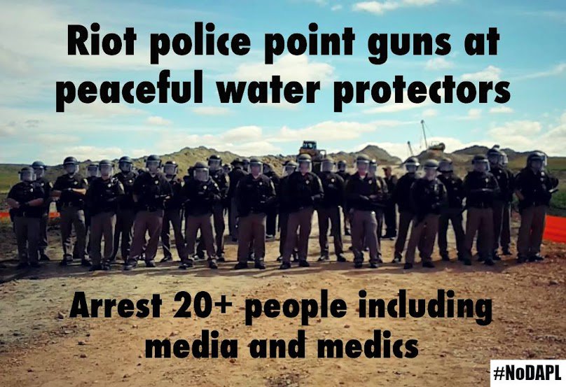 DrJillStein's tweet image. They say US interventions are humanitarian. Here's how your govt treats Native Americans protecting their clean water. #IndigenousPeoplesDay