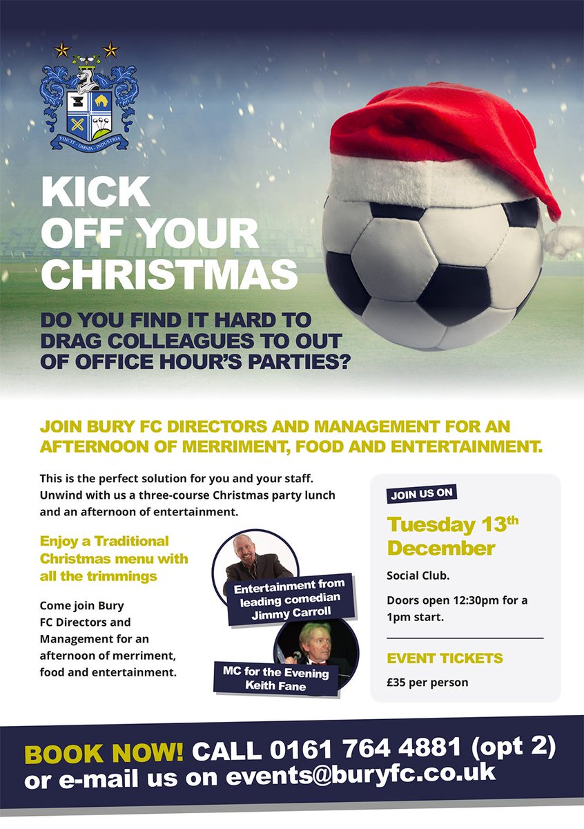 bury_commercial's tweet photo. Celebrate Christmas with @buryfcofficial !
📆 Tue 13th Dec 12:30
🌍 Social Club, Gigg Lane
🍽 £35pp 3-course meal
#buryfc #buryhour #christmas https://t.co/6HP87d0Bfo