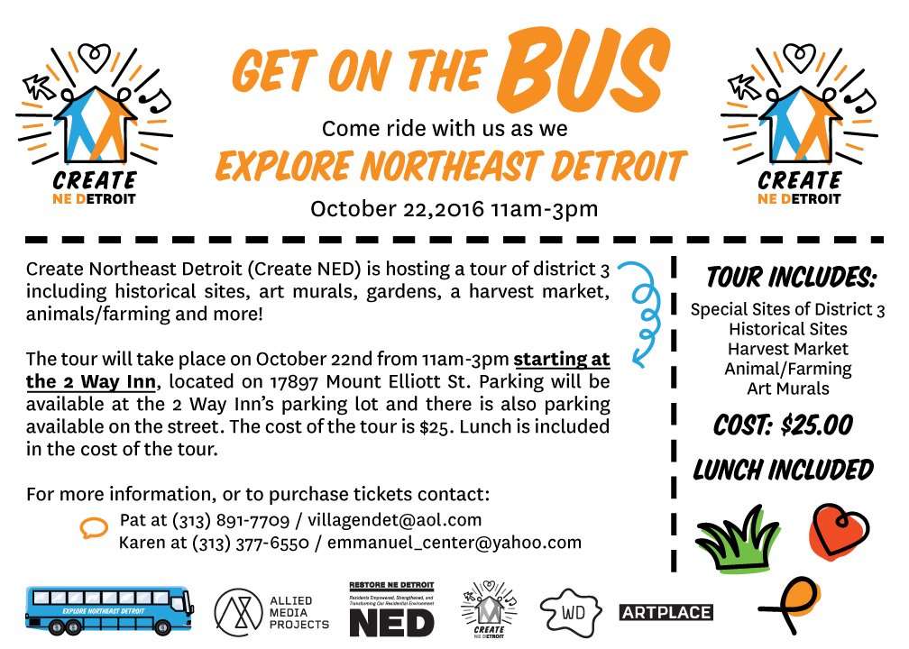 CreateNED's tweet photo. Come ride with us and Explore Northeast Detroit on October 22nd for a bus tour of #district3detroit! #createned #restorened https://t.co/DsUuY6DeXv
