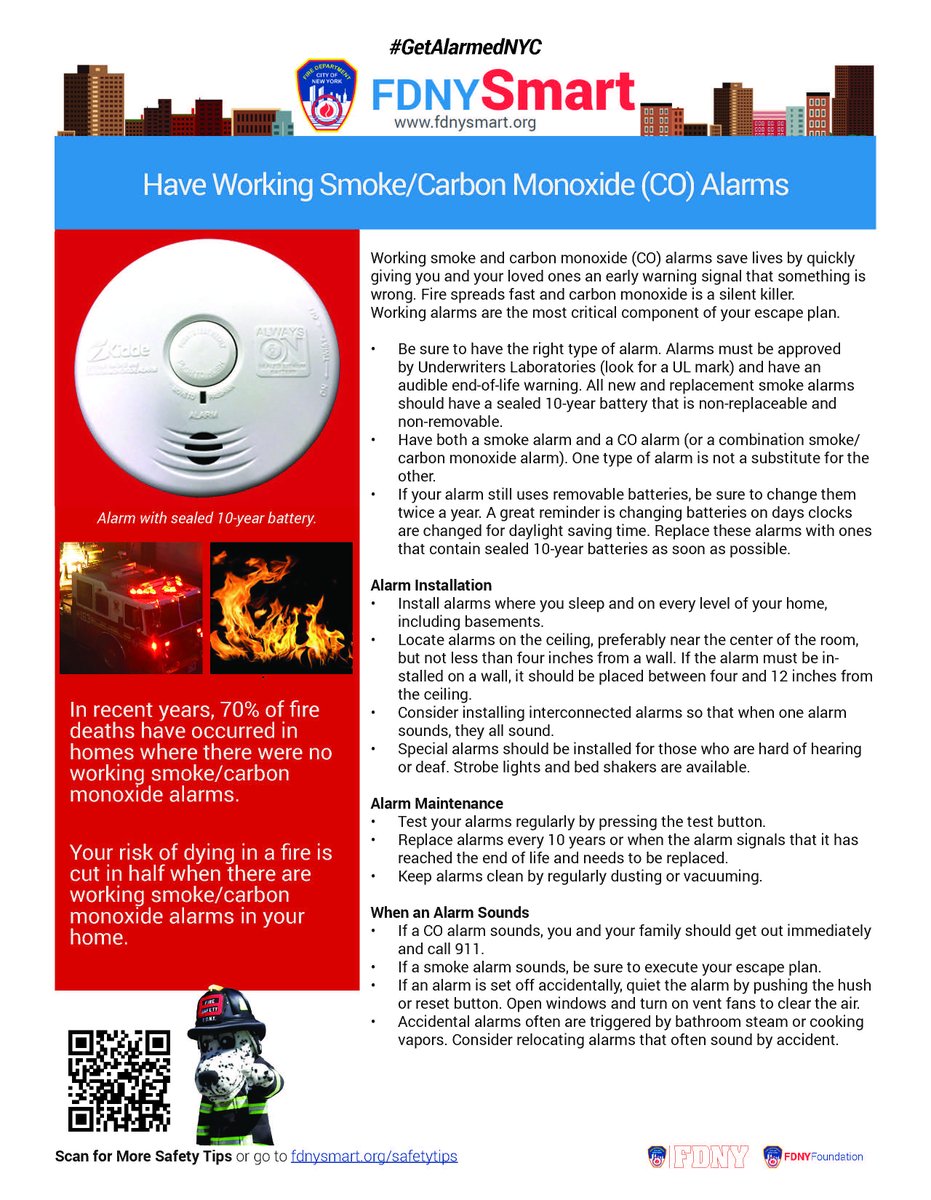 FDNY's tweet image. Working smoke/CO alarms cut your risk of dying in a fire in half. Protect your family w/ these tips #FirePreventionWeek
