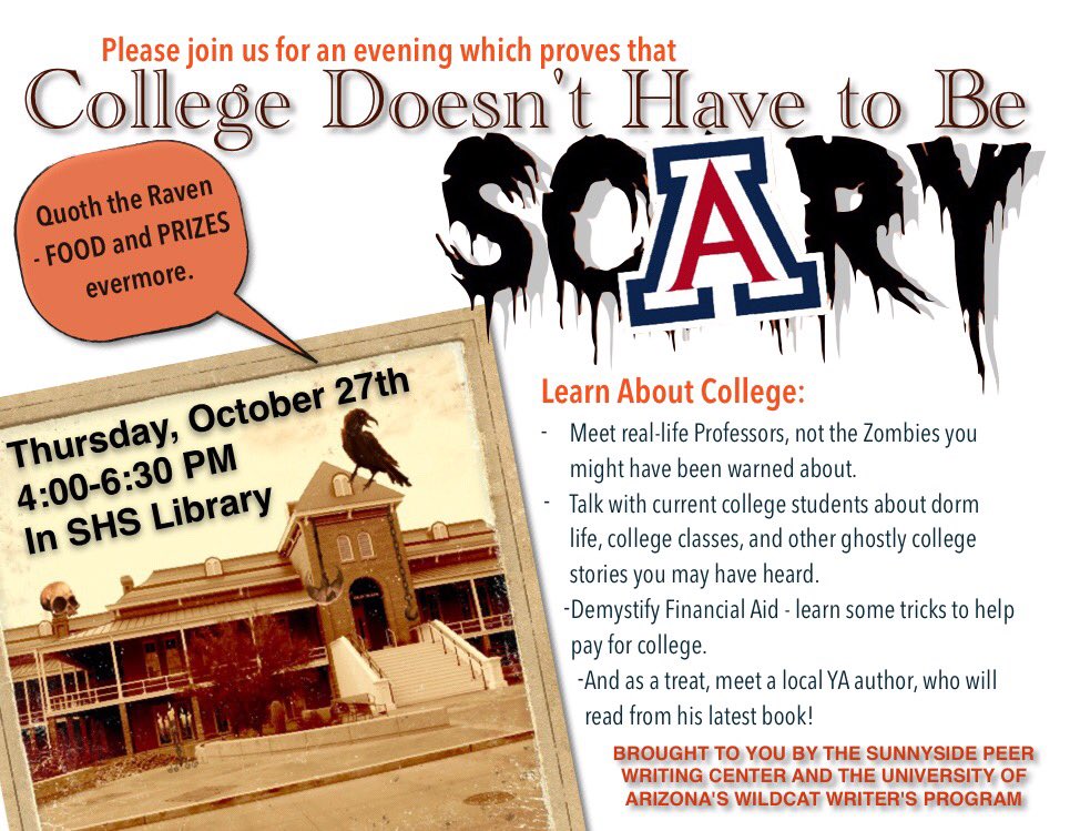 SunnyLibrary's tweet image. Save the date for our College / Halloween themed English Night!