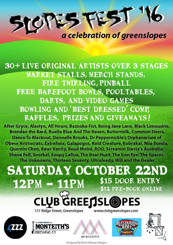 AAABackstage's tweet photo. #SlopesFest16 is looking GREAT at @ClubGreenslopes  ft. @The_Bear_Hunt @4ZZZ + heaps more! https://t.co/b9B2rg4XdE https://t.co/O8iU9CV5eF