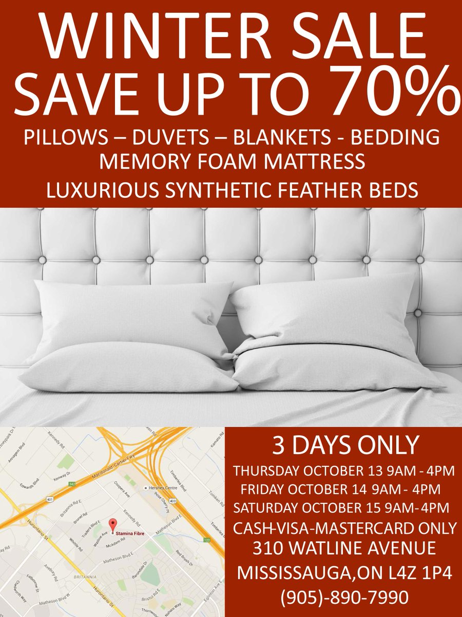 StaminaFibre's tweet photo. StaminFibre is having their FALL  Bedding Warehouse Sale ever. Oct.13 -15 , 2016 PILLOWS-DUVETS-MATTRESSES- ETC... https://t.co/ilKpJW4dx6