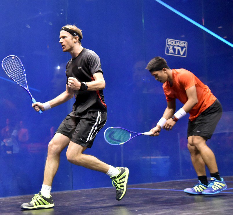 USOpenSquash's tweet photo. It's @Copsquash in five: Steve Coppinger (Rsa) 3-2 [Q] Nafiizwan Adnan (Mas)  11/7, 5/11, 9/11, 11/4, 11/9 (81m) https://t.co/We5MoL1Kpt