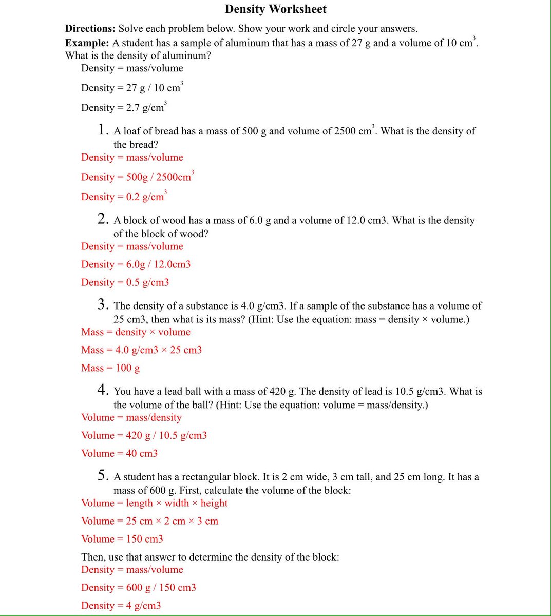 Density Problems Worksheet With Answers