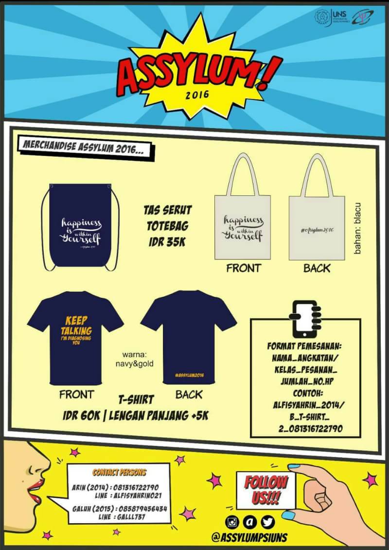 [DANUS]
Tote bag 35k  
Tass serut 35k
 Tshirt 60k (pjg +5k) 
Cara pemesanan :
nama_angkatan/kelas_pesanan_jumlah_no hp
Open PO sampai 14 okt