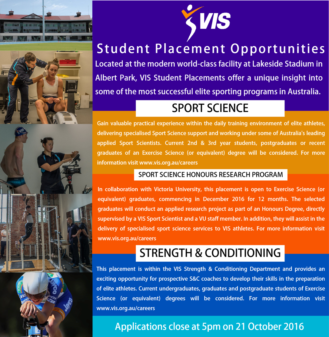 VicInstSport's tweet photo. Applications OPEN! @VicInstSport Student Placements offer an exciting opportunity to gain practical experience in preparing elite athletes. https://t.co/HRlZZ7U0H4