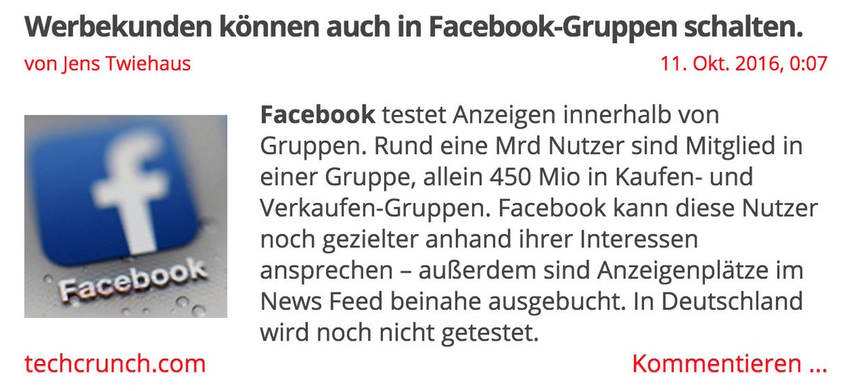 turi2's tweet photo. Auch in Facebook-Gruppen könnte es bald Werbung geben – ein Test in mehreren Ländern läuft. https://t.co/t4aRDNyFn0 https://t.co/ow9tZecONK