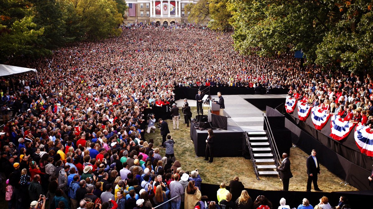 casey_clemmons's tweet photo. Obama at @UWMadison in 2012.

Hillary at @OhioState in 2016.

Young voters support Obama &amp; young voters support Hillary.

#WeTrumpHate https://t.co/WCzqdgoX2U