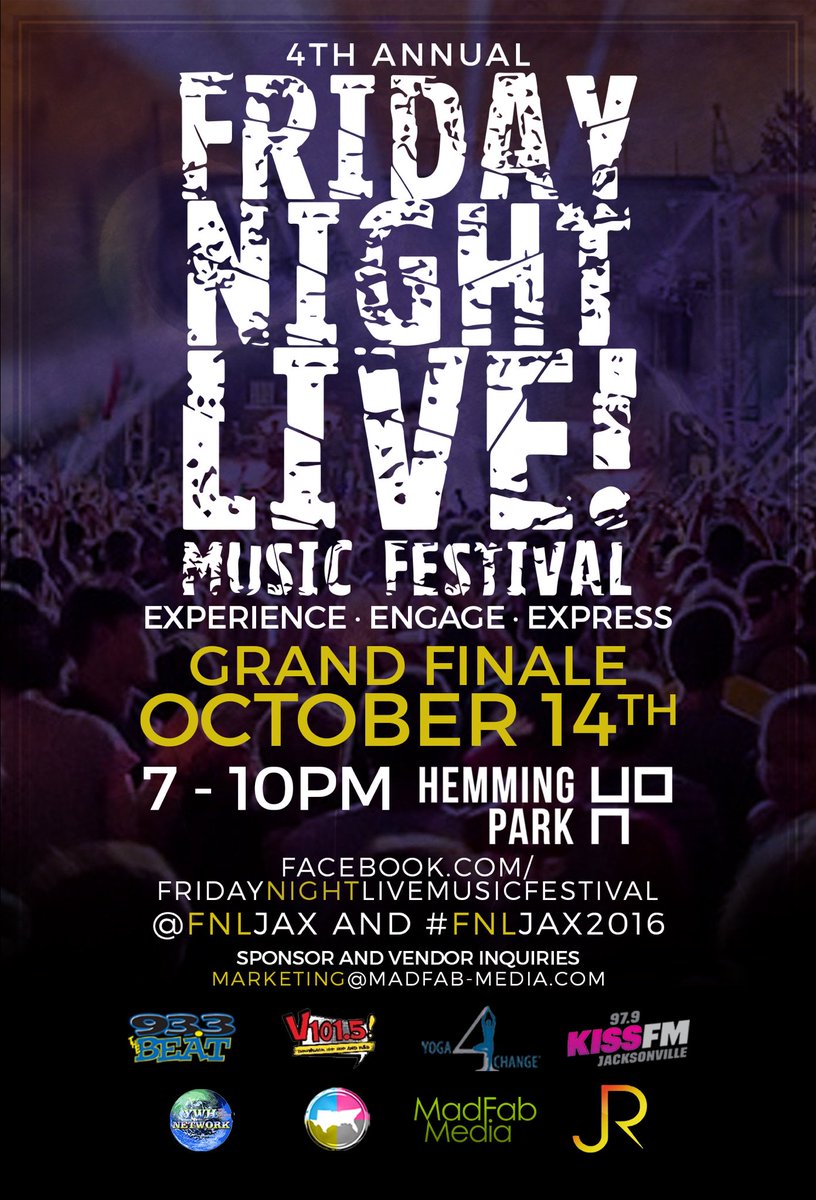 FNLjax's tweet photo. The grand finale showdown on OCTOBER 14 - Baba Caiman @NinaRenae_MUSIC @DeLionsofjah @filammusician #hemmingpark #dtjax #yoga4change #fnljax https://t.co/pUCe4Otl0U