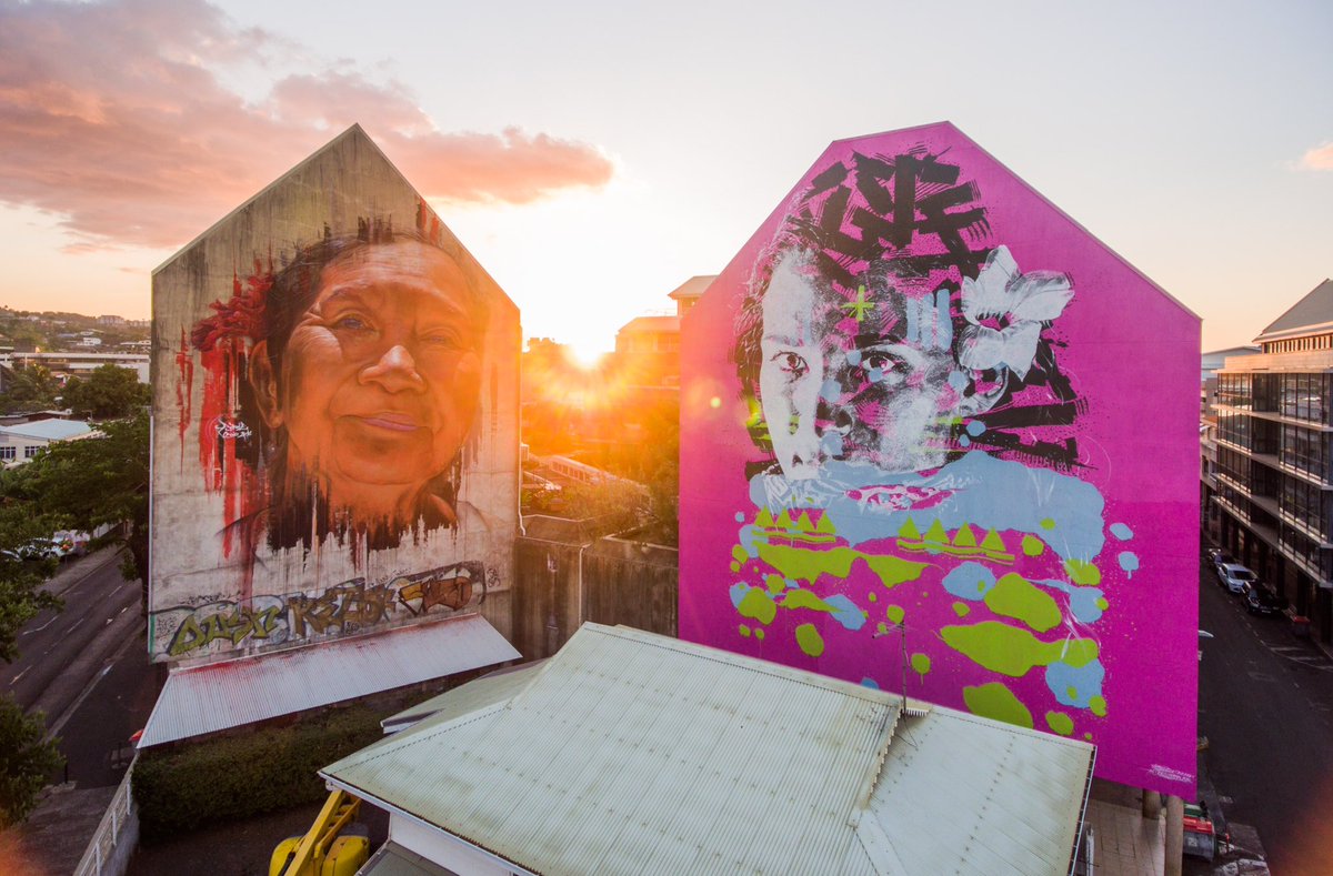 Amazing shot by @selinamiles of Adnate's finished wall from Ono'u festival 2016 in Papeete alongside mine from 2014