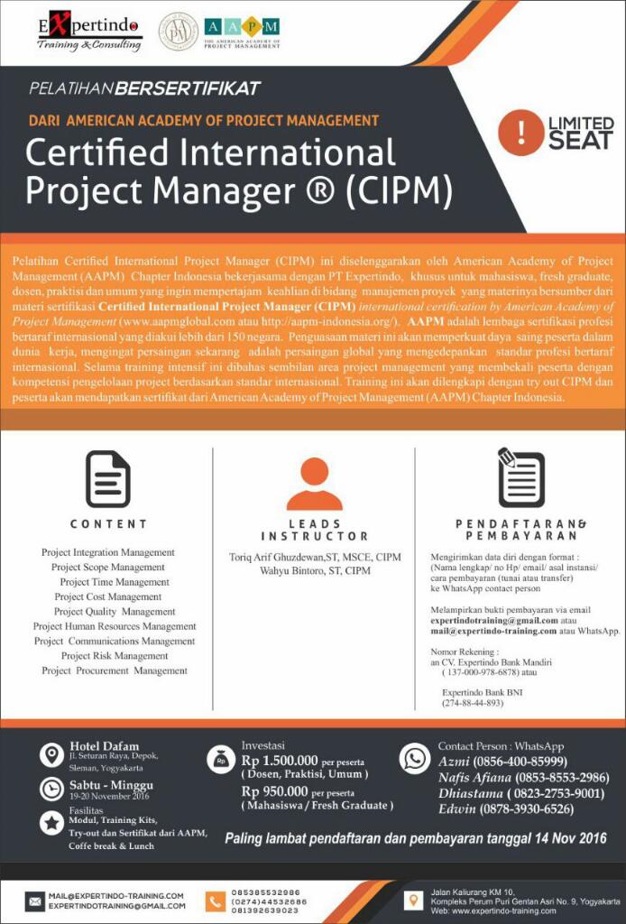 Pelatihan Certified International Project Manager dr American Academy of Project Management. Terbatas !