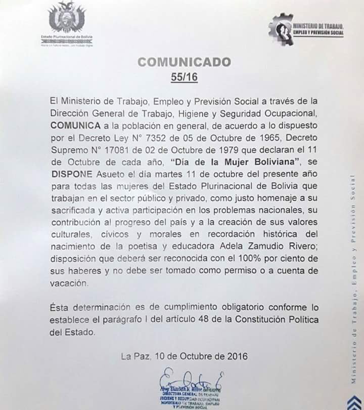 Opinion_Bolivia's tweet photo. #ULTIMO Ministerio de Trabajo da día libre este martes y con goce de haberes a todas las mujeres trabajadoras de Bolivia. https://t.co/QaXbWUVNJQ