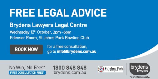 Do you need some free legal advice? Don't miss this event at <a href="/SJPBowling/">St Johns Park BC</a> <a href="/BrydensLawyers/">Brydens Lawyers</a>