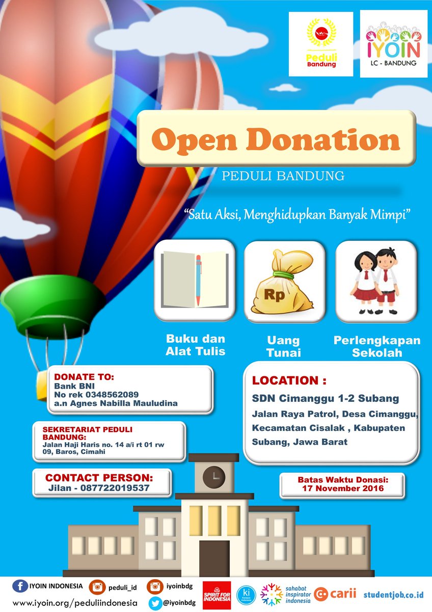 IYOINbdg's tweet photo. We Dare You to Care! :) 
Silakan yg berniat utk donasi &amp; ingin membantu memajukan pendidikan Indonesia #pedulibdg https://t.co/rzSsms0Ylt