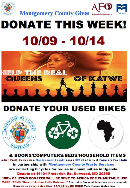 All hands on deck! Send your used bicycles and other items to Montgomery County Waste Services 16101 Frederick Rd Derwood, MD 20855 c/o AFO!