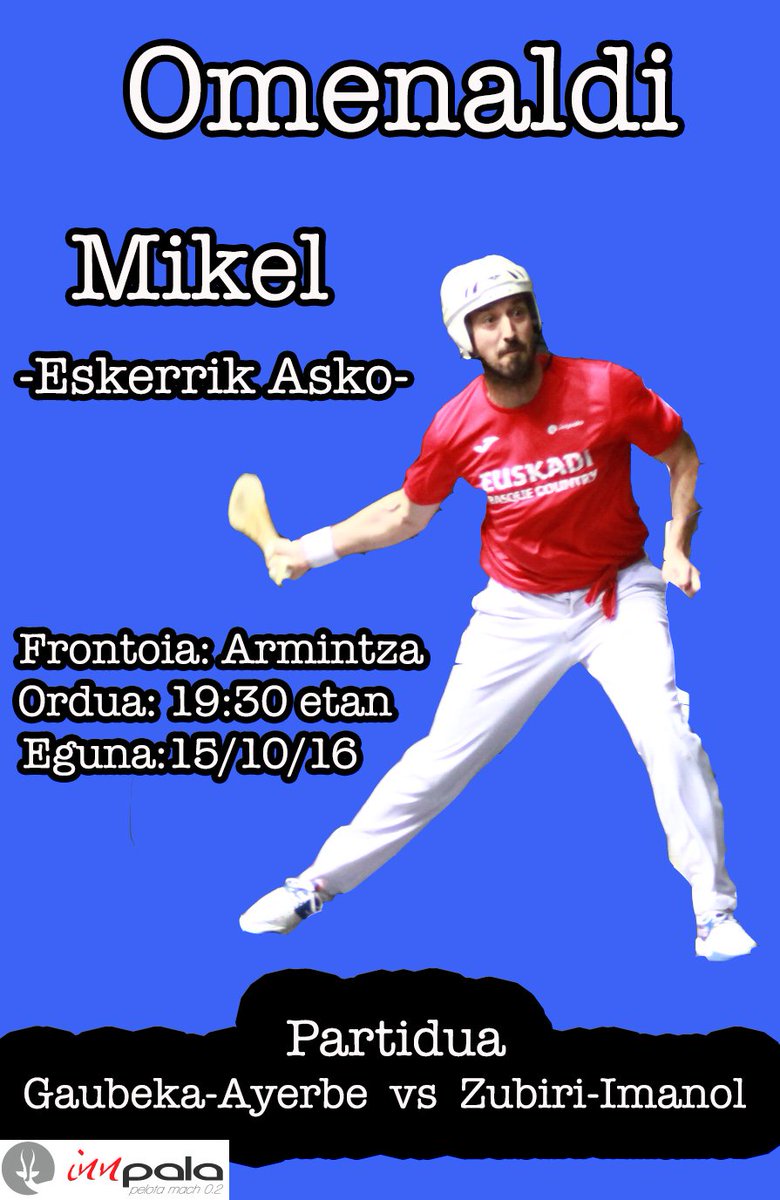 Innpala's tweet photo. Mikel Ayerbe, se retirara de la pala profesional el próximo sábado a las 19:30h en el frontón de Armintza. Merecido homenaje !!
#pelotavasca https://t.co/01UjSPUFoY