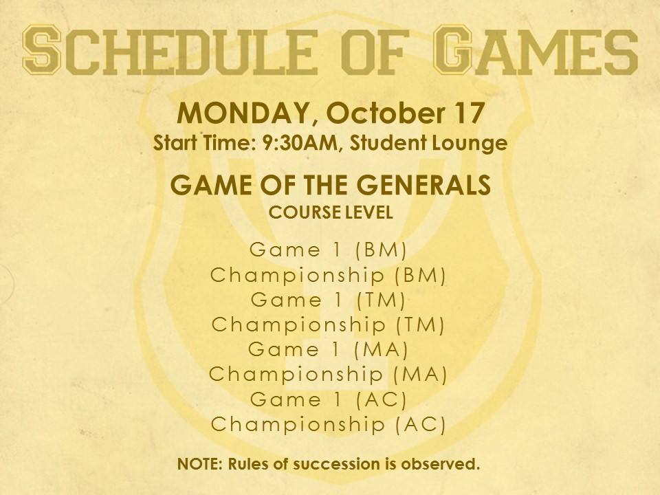 apcrams's tweet photo. Game of the Generals: Monday, Oct 17 Game Schedule #SchoolofManagement #APC #SoMDays2016 #GameoftheGenerals https://t.co/4pIzq43v25