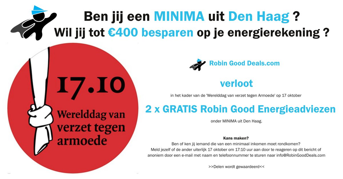 RobinGoodDeal's tweet image. Help ons! In het kader van de 'Werelddag van Verzet Tegen Armoede' zoeken wij minima uit Den Haag die willen besparen op hun energielasten.