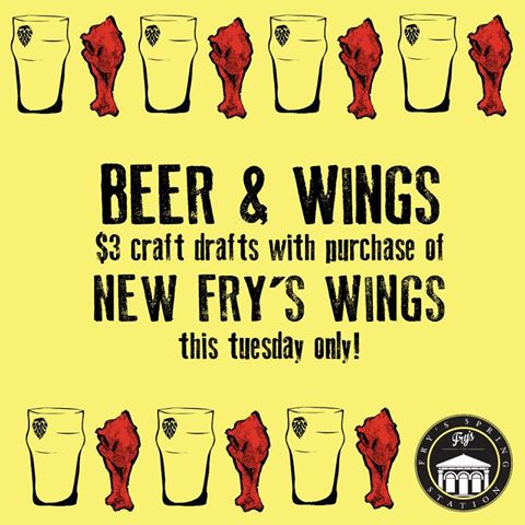 EatAtFrys's tweet photo. #BEER &amp; #WINGS! Best wings in town and $3 draft pints. This Tuesday only, 6-9pm. #eatatfrys #frysspringstation https://t.co/inlTX51cjh