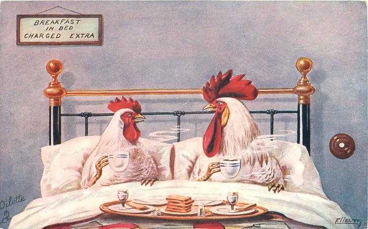 Tunnelbreeze's tweet image. "Breakfast in Bed" A 1907 postcard published by Raphael Tuck. #illustratiion #cartoon #postcard
