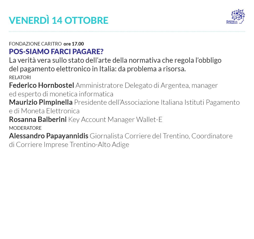 WalletEsrl's tweet photo. POS-SIAMO FARCI PAGARE? Vi aspettiamo alle 17:00 di Venerdi 14 Ottobre #festivaldelleprofessioni#mobilepayments#mobilepos#FinTech https://t.co/W9vfnZXR2w