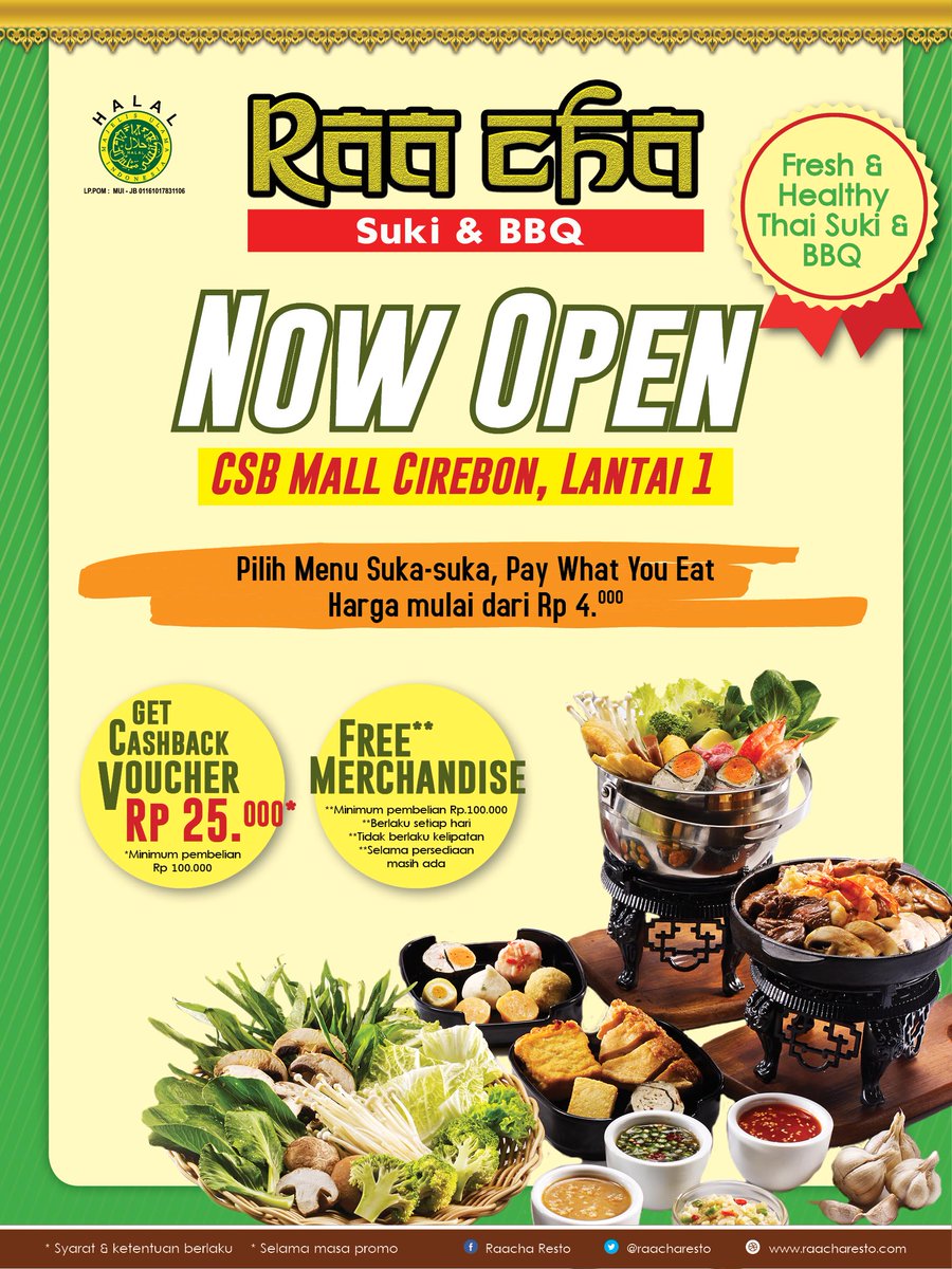 Halo Cirebon!!
Raa Cha kini hadir di CSB Mall Cirebon Lantai 1. Mulai besok 12 Oktober 2016. Beragam promo dan merchandise siap dibagikan!