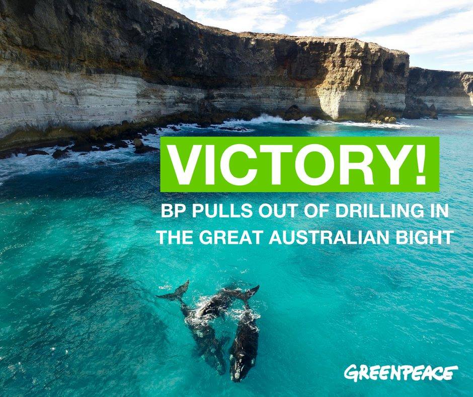 GreenpeaceUK's tweet photo. PEOPLE POWER DID IT! ✊ BP pulls out of drilling in the Great Australian Bight ☀️ -->> https://t.co/llPAfM7RfD https://t.co/6LW1Td3MFq