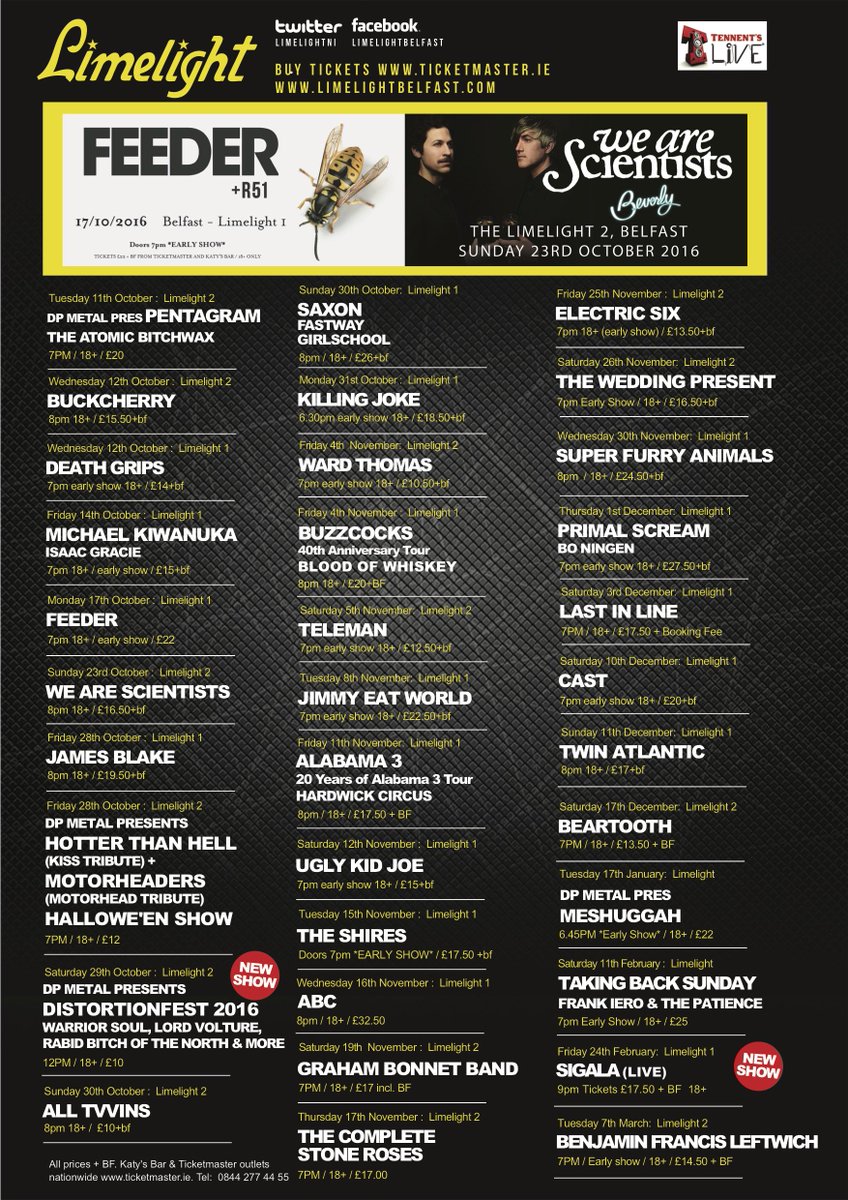 .<a href="/LimelightNI/">Limelight Belfast</a> listings competition!
RT, FOLLOW US + reply with which gig you'd love to go to &amp; you could WIN a pair of tickets! Drawn on Fri