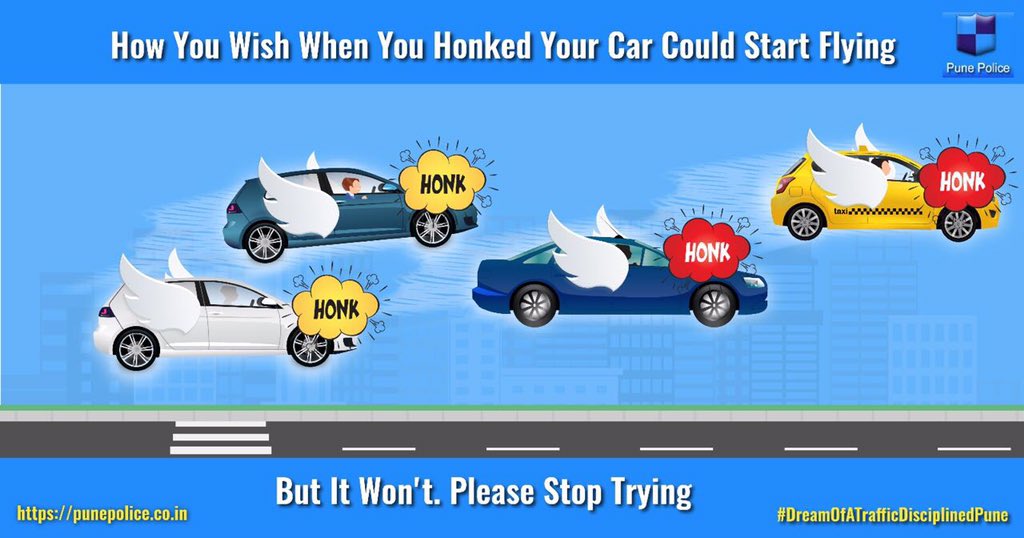 PuneCityPolice's tweet photo. If traffic is your problem, honking is not its solution. It only adds to irritability &amp; #noisepollution #DreamOfTrafficDisciplinedPune https://t.co/zp5gVtqrwX