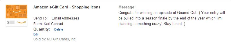 KarlConrad's tweet photo. Just sent out the $$$ prizes for the #GearedOut winners! Gonna be working on another episode as soon as I sound normal - not a sickly zombie https://t.co/86TFZyyEyd