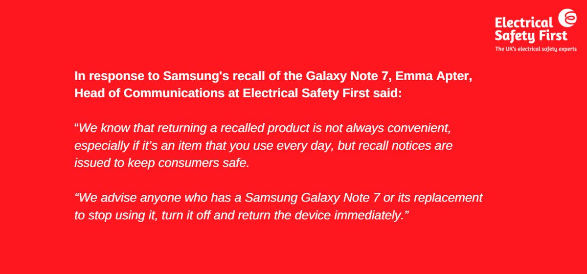 <a href="/ElecSafetyFirst/">Electrical Safety First</a> offers comments and advice for #SamsungNote7 owners #productrecall #recall goo.gl/zAv5Mm