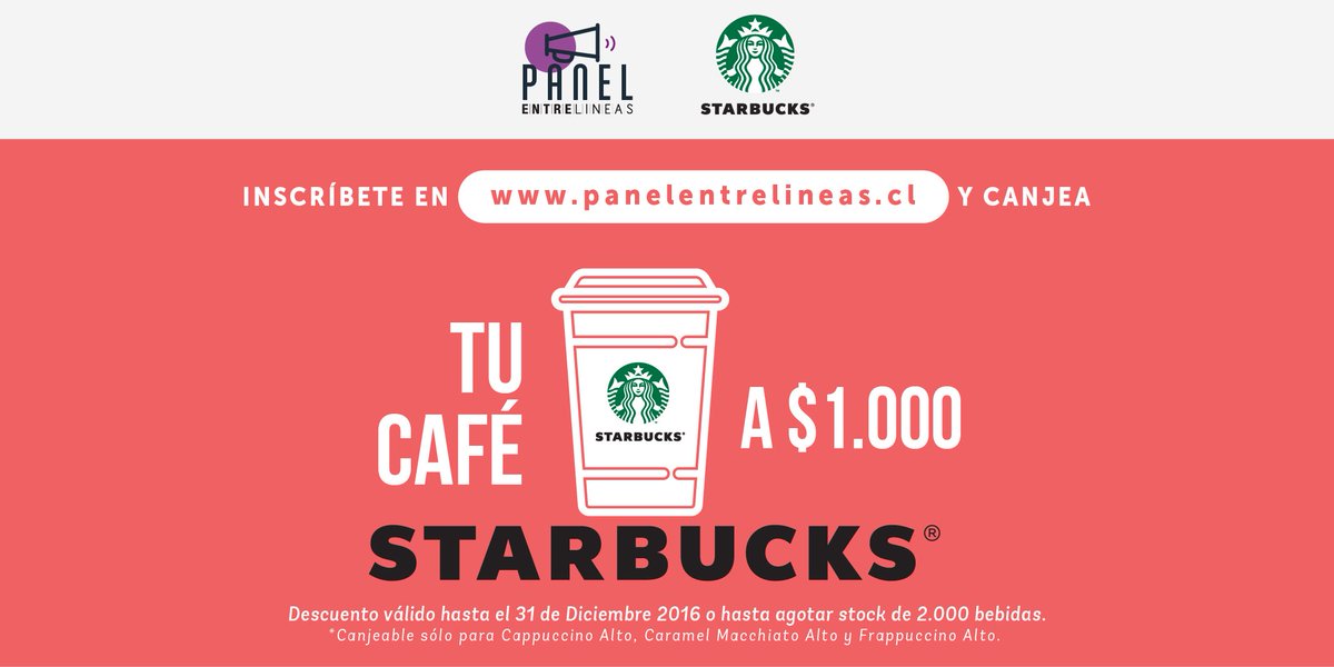 panelentrelinea's tweet photo. Regístrate en Panel Entrelíneas. Imprime tu cupón y disfruta tu Café tamaño Alto de Starbucks a $1.000. Bases en https://t.co/1lTS4Wrq0o 👍😀 https://t.co/trPRcULIug