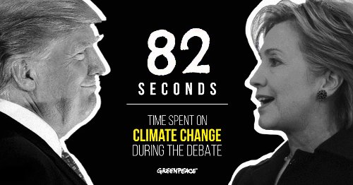 GreenpeaceCA's tweet photo. The biggest challenge of our generation got just 82 seconds in the first US presidential debate. #USElection #debatenight #ClimateChange https://t.co/UsWYpQcYxc