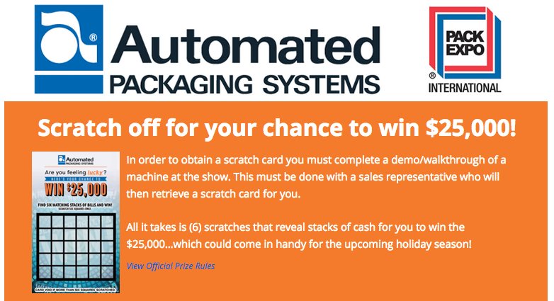 PyramidPkg's tweet photo. Attending #PackExpo? Be sure to stop by the #Autobag booth S-2438 and enter for a chance to win $25,000. https://t.co/t6CuA4J8Mb