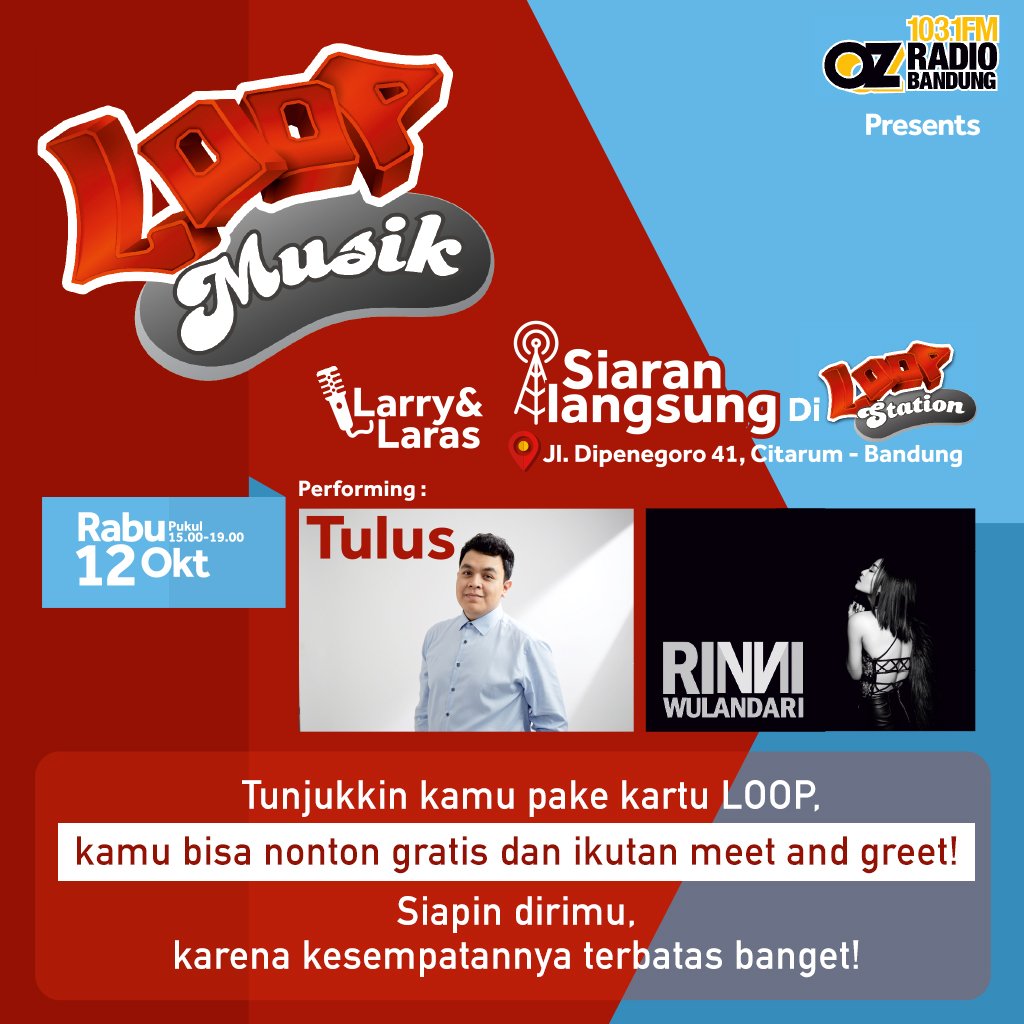 musiktulus's tweet image. Selamat malam teman-teman.
Jangan lupa besok lihat TULUS di #LOOPMUSIK di Loop Station Bandung pukul 17.00 WIB!
@ozradiobandung @LOOP_ID