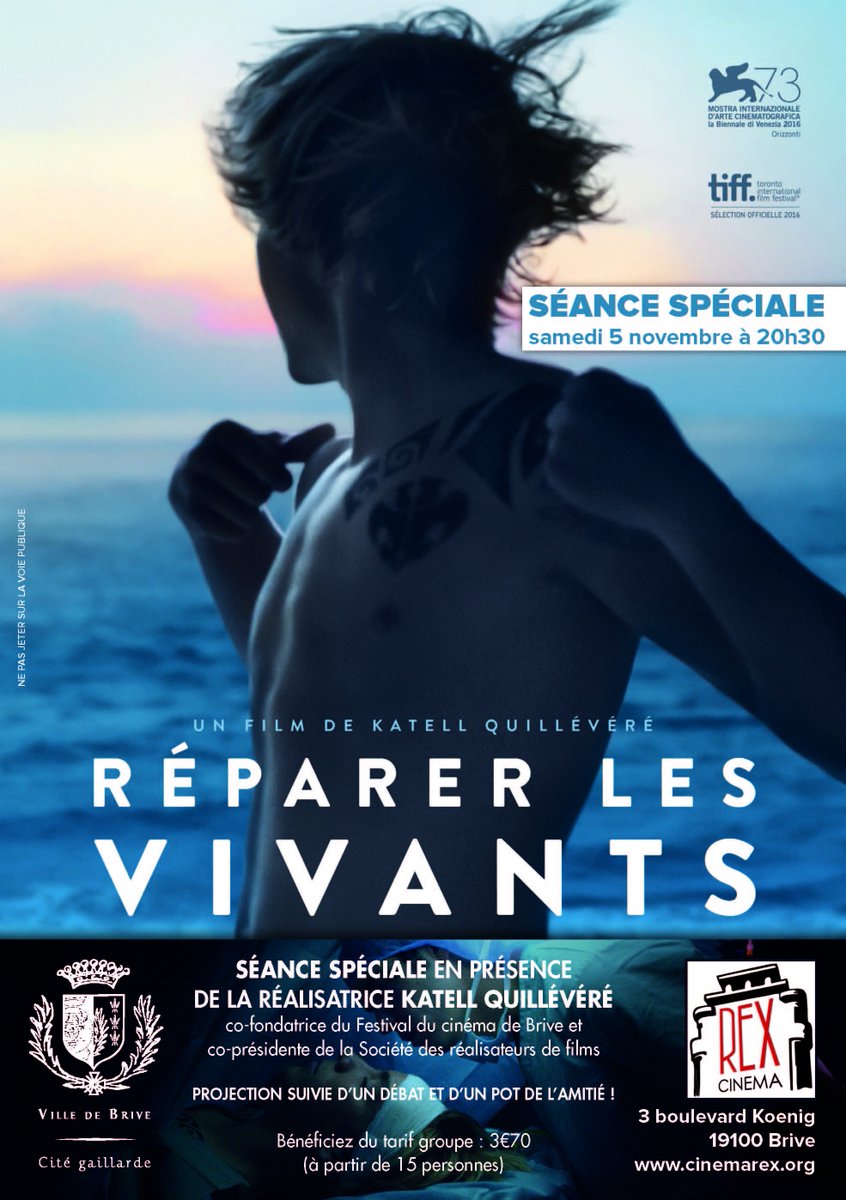 Samedi 5/11 à 20h30 <a href="/CinemarexRex/">Cinéma Rex</a> #ReparerLesVivants en présence de #KatellQuillévéré. Adaptation du roman éponyme de #MaylisdeKerangal.
