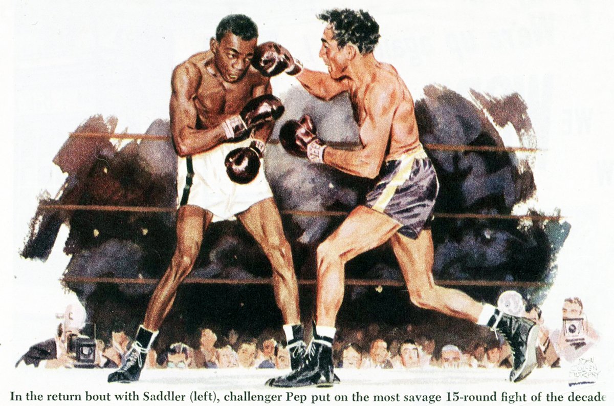 MWKronenberg's tweet photo. Vintage #boxing art: John Cullen Murphy's beautiful illustration depicting the rematch between #SandySaddler and #WilliePepp. #BoxingHistory https://t.co/E00Zb4IVIH