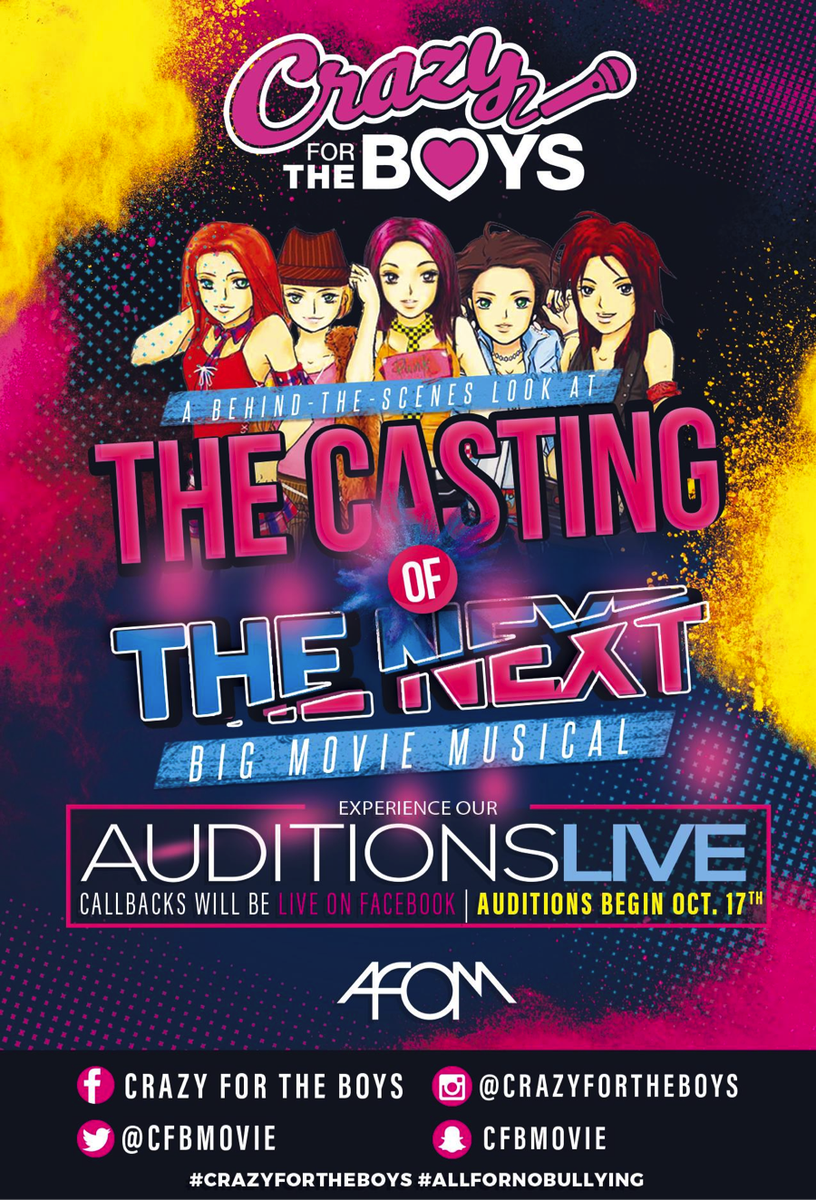 CFBMovie's tweet image. NEXT WEEK, we'll be reporting live from our #auditions! Get a behind-the-scenes look at the casting of #CrazyForTheBoys! #AllForNoBullying