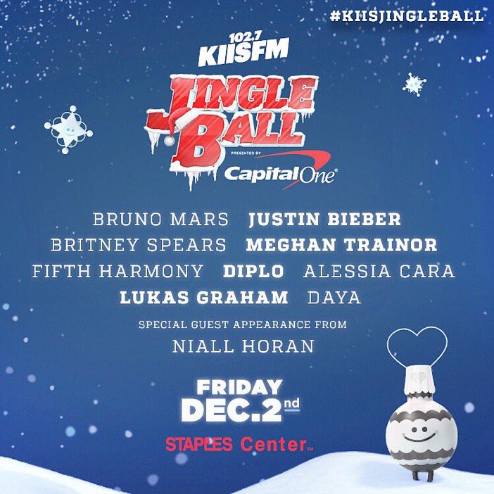 Contender's tweet image. Bruno. Bieber &amp;amp; Britney headline a stacked lineup for the 2016 #KIISJingleBall