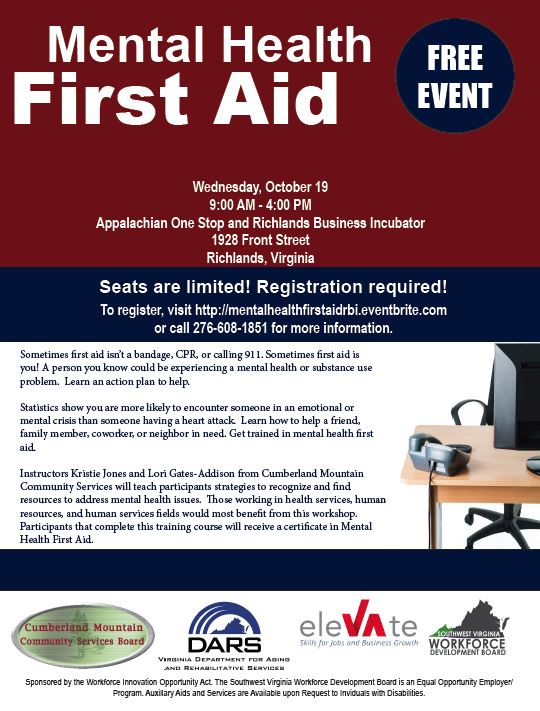 RussellChamber's tweet photo. Free Mental Health First Aid workshop, Wed Oct 19 9 am–4 pm at the Appalachian One Stop and Richlands Business Incubator. See flyer https://t.co/bmW9rL9Ff4