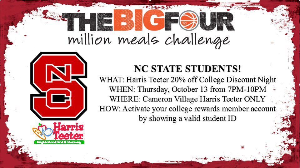 <a href="/NCState/">NC State University</a> STUDENTS! Stop by <a href="/HarrisTeeter/">Harris Teeter</a> at Cameron Village This Thursday from 7-10pm for 20% off total bill. RT to win 1 of 30 gift cards!