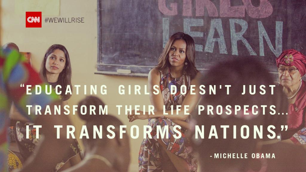 CNN's tweet photo. More than 62M girls worldwide are not in school. See @Flotus' mission to help break down barriers to education on #WeWillRise tmrw @ 9pET. https://t.co/udJdy00ZEr