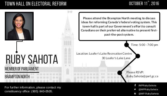 rubysahotalib's tweet photo. Don't forget, happening today! #Brampton North's Electoral Reform Town Hall at 5pm Loafer's Lake Rec Centre #ERRE #ER #EngageInER https://t.co/3YITxEJTjO