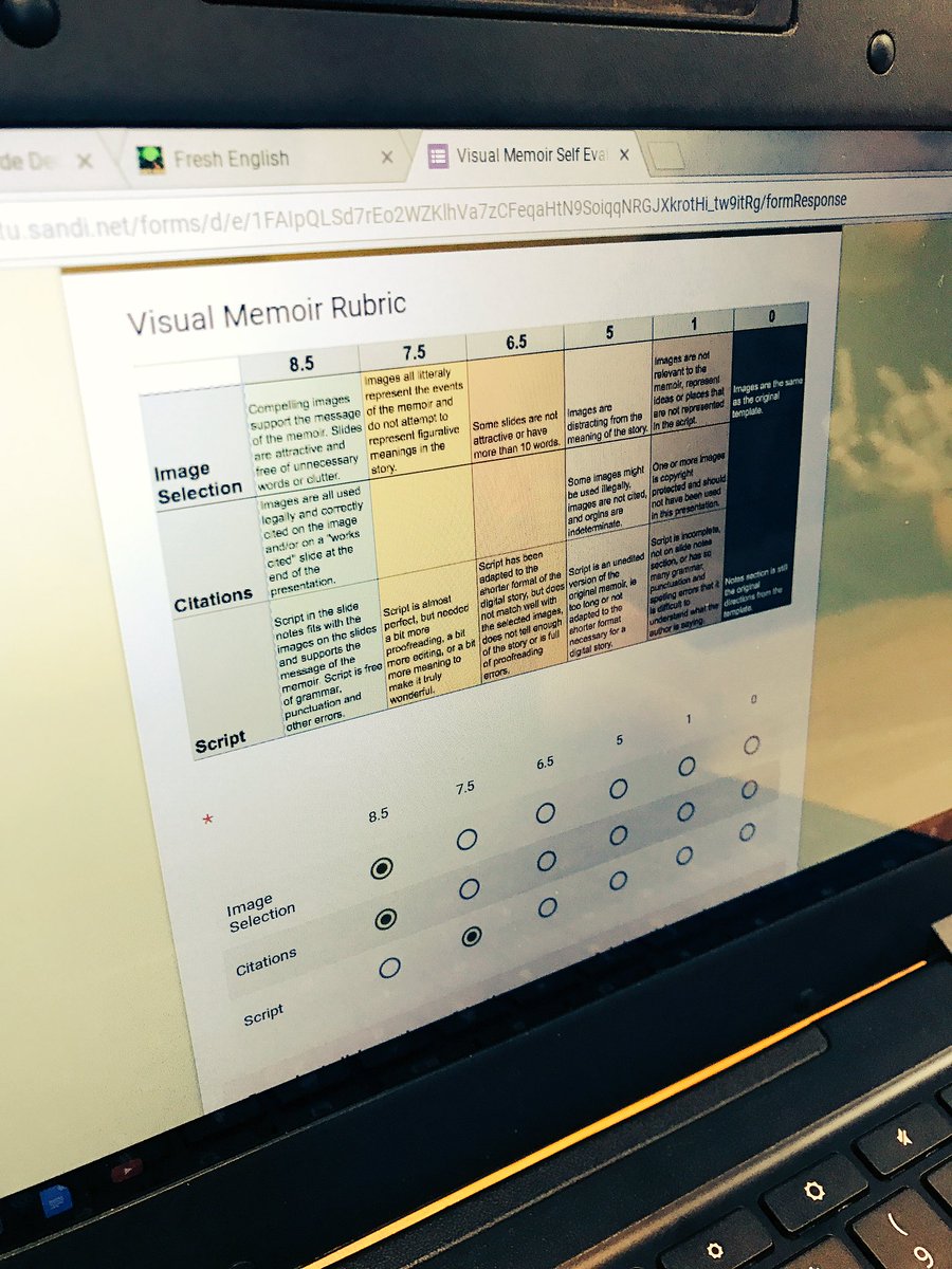 JenRoberts1's tweet photo. Being able to add a picture of the rubric to a Google Form makes it easier for students to self evaluate. @GoogleForEdu #gafesummit https://t.co/rY86hziAvo